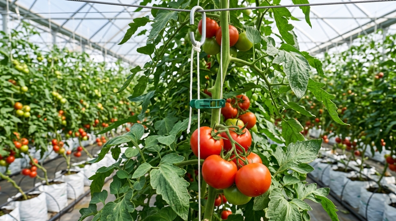 High-density trellising heavy greenhouse crops using twine and plant clips