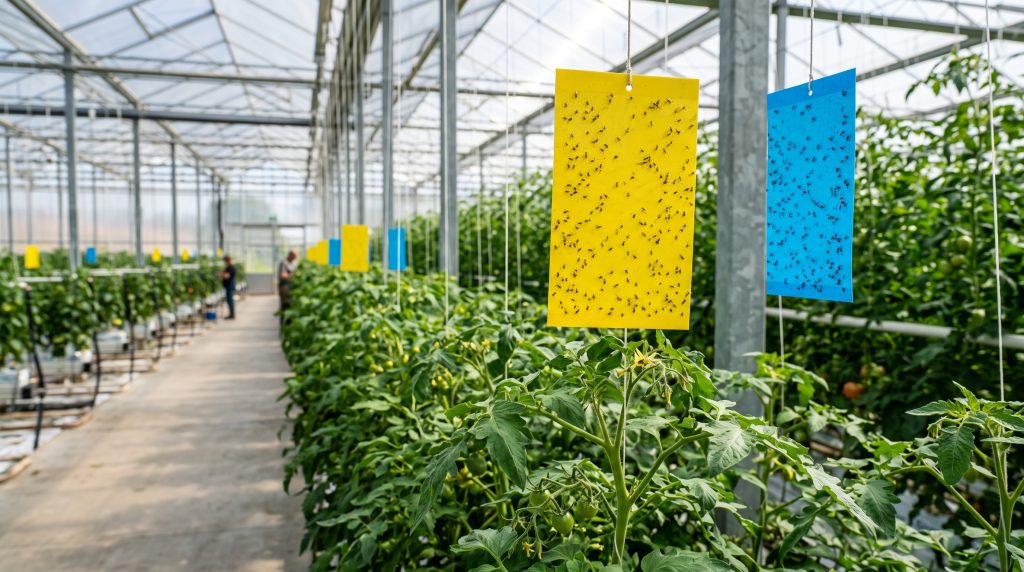 Commercial greenhouse monitoring using yellow and blue sticky traps